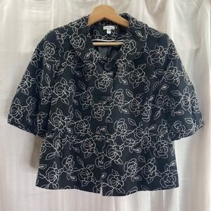 SEMANNTIKS Black White Floral‎ Embroidered Blazer Jacket 10P Linen Elegant Chic